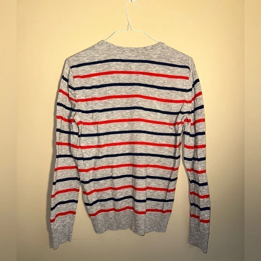 American Eagle Cotton V-Neck Sweater - Grey with Red & Blue Stripes - Size M